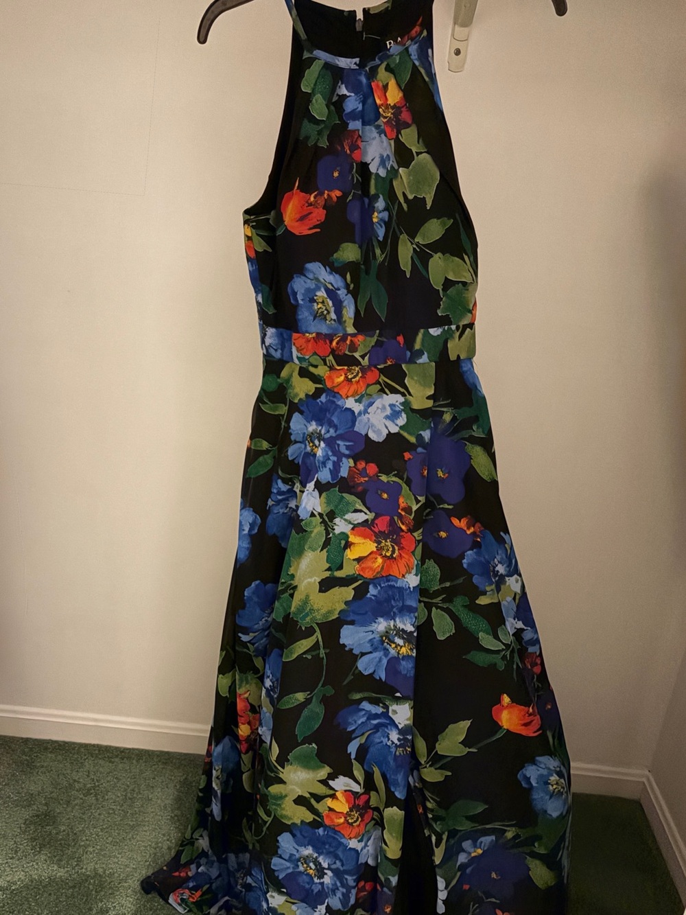 Black Floral Halter Maxi Dress with Blue & Green Blooms